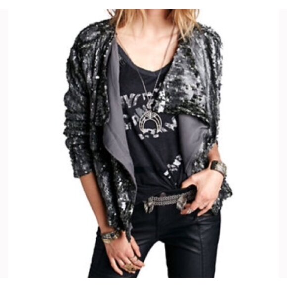 Free People Jackets & Blazers - NWT Free People Draped Silver Gray Sequin Jacket | Mob Wife Glam Boho Streetwear